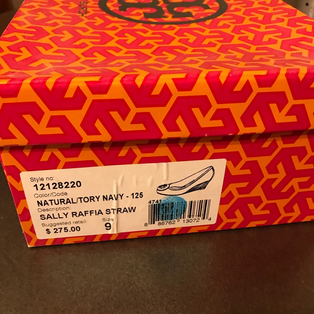 TORY BURCH Natural/Tory Navy Sally Raffia Wedges